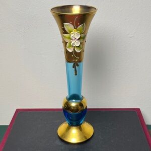Vetreria Artistica Rosa V.A.R. Hand painted floral blue footed vase Venice Italy